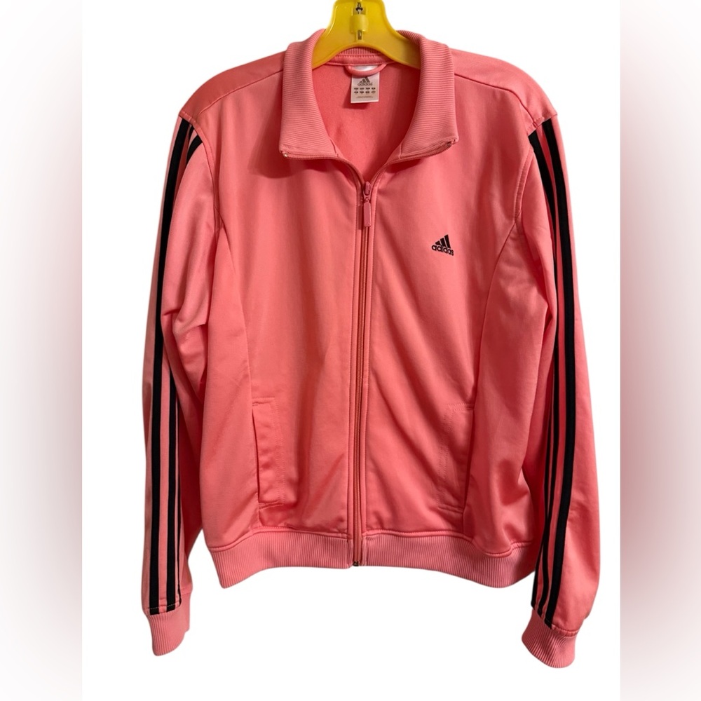 ADIDAS Women’s Track Jacket Pink Black 3-Stripe Zip Up Size Large